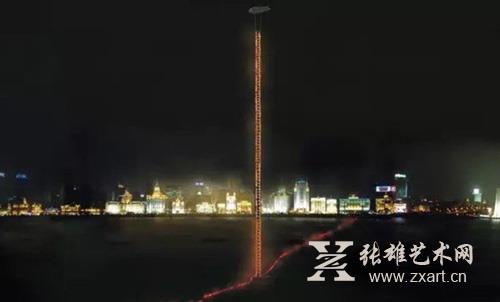2001年，蔡国强为上海APEC 城市景观焰火所作方案《天梯》效果图，未实现